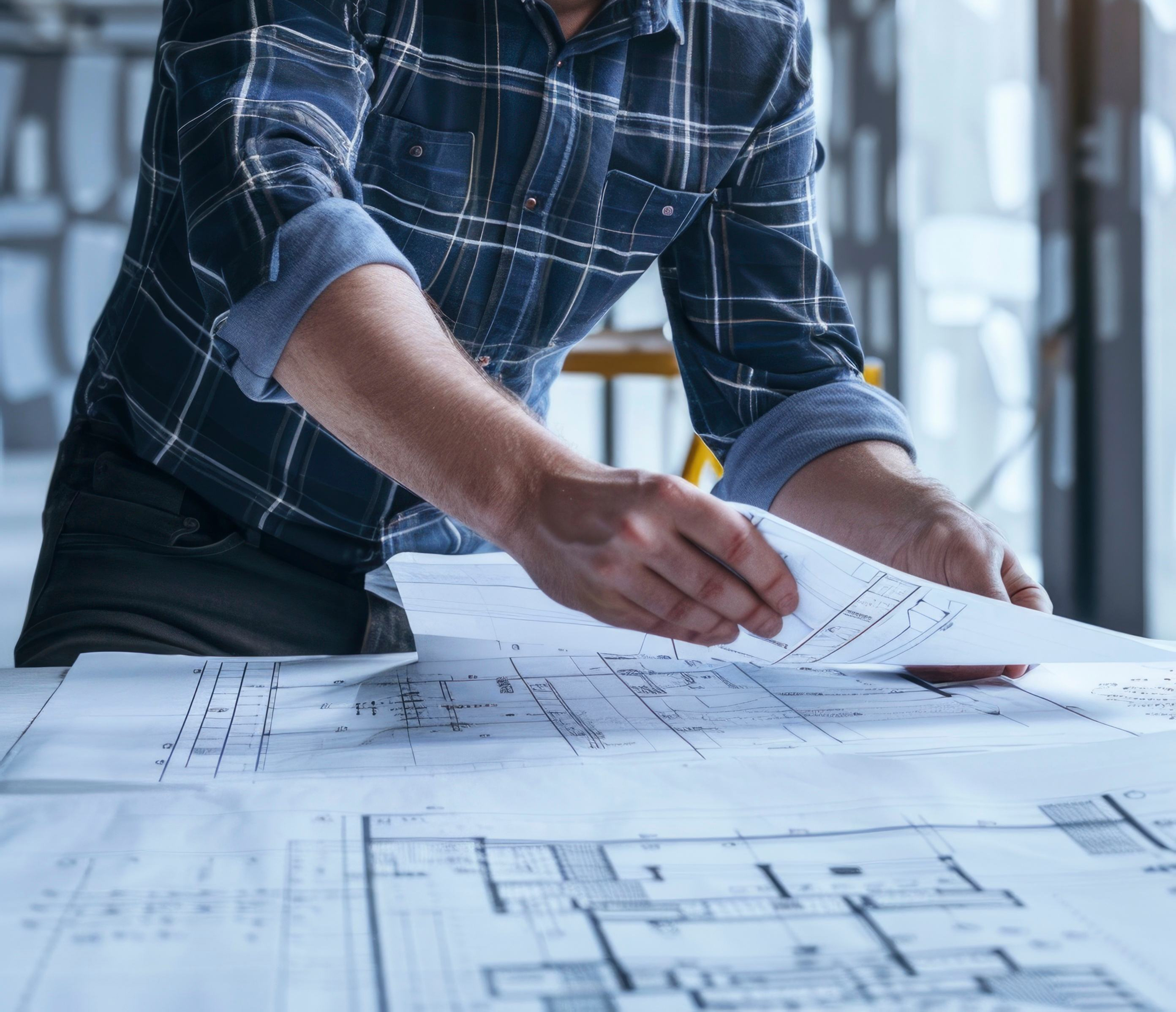 Engenheiro analisando plantas arquitetônicas